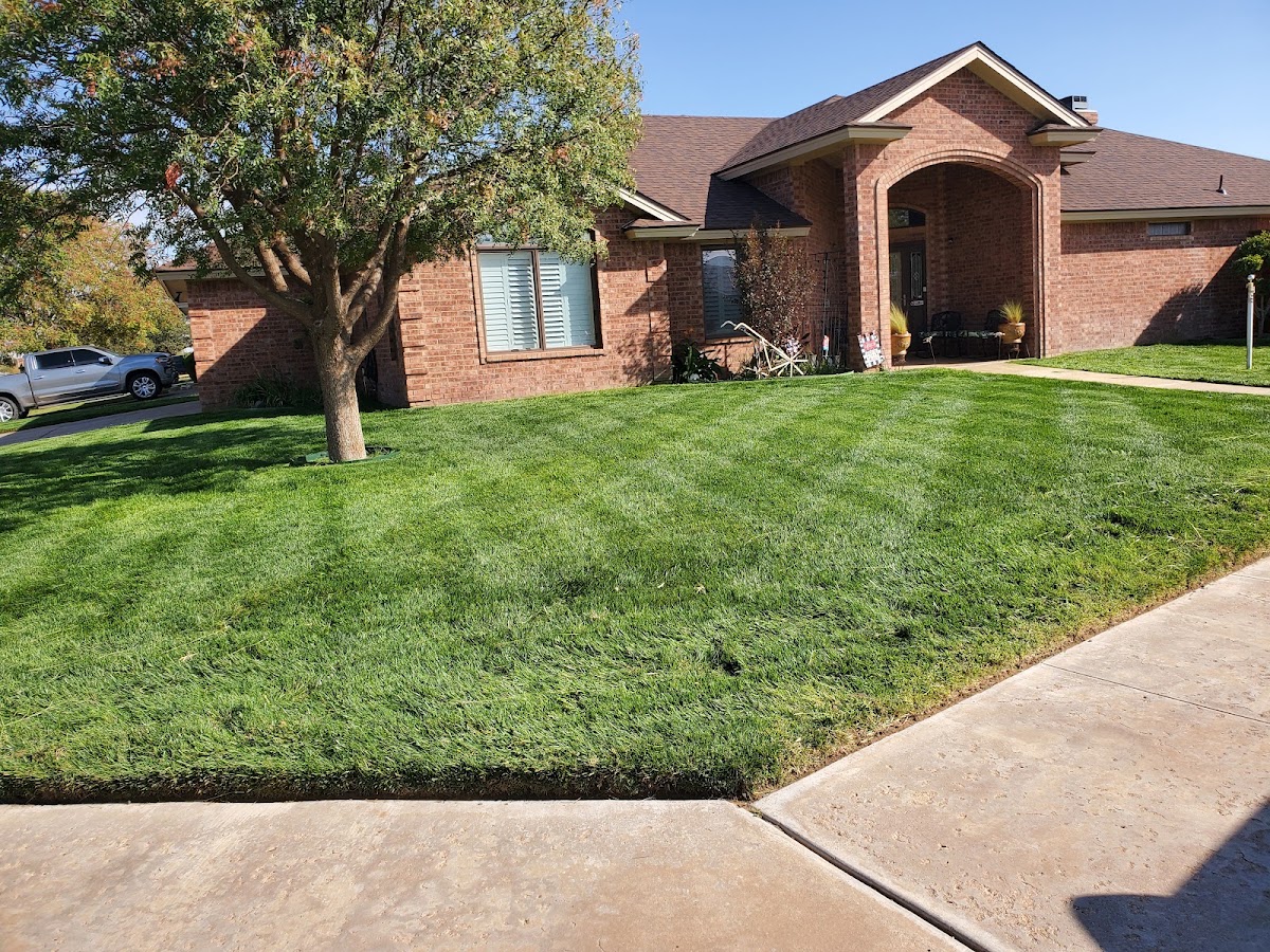 Freshly striped front lawn cut by Rangel's Lawn Service
